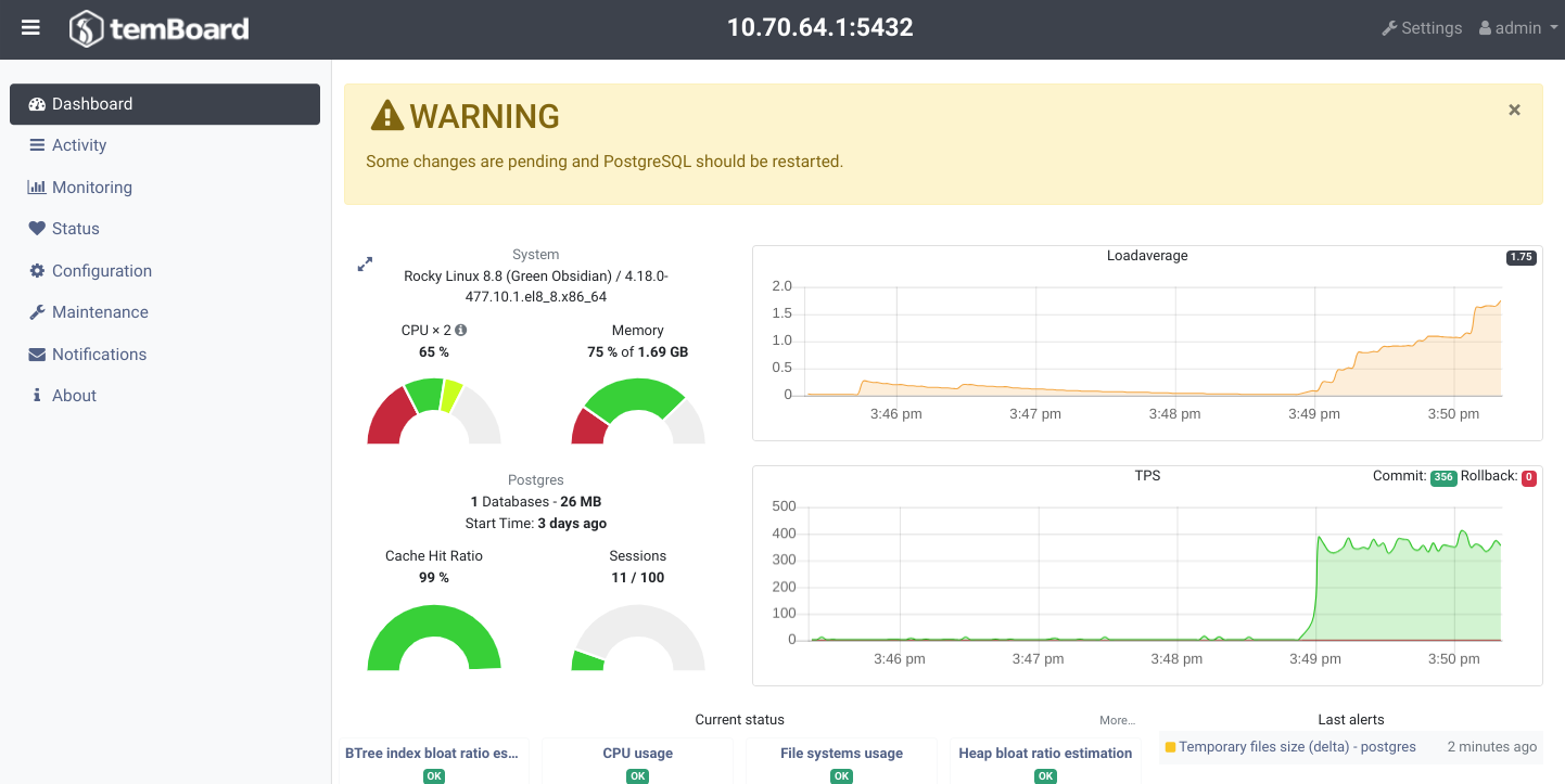 Dashboard of an instance with the necessary restart banner