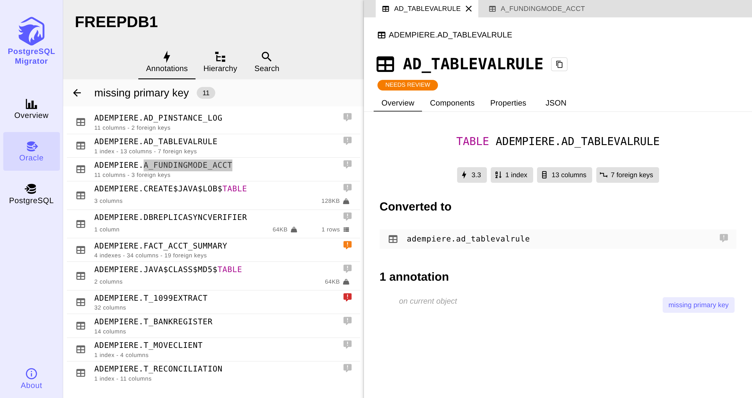 Navigation thématique dans PostgreSQL Migrator