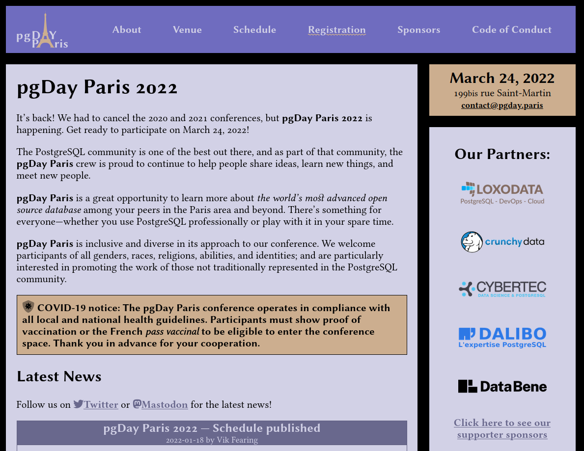 Accueil du site web du pgDay Paris 2022